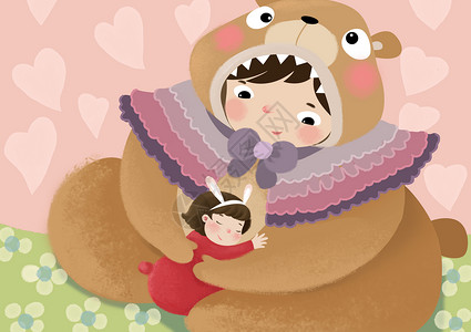 泰迪熊拥抱温馨母女插画