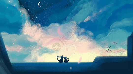 瓦房房顶猫和月亮梦幻插画插画