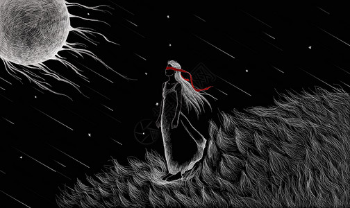 月光白扎红丝带的少女插画
