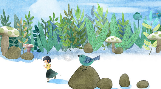 蓝色蘑菇奔跑的小女孩插画