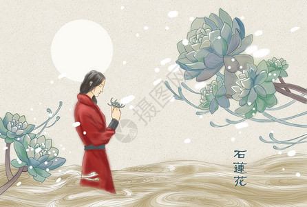 红色磨砂划痕背景素材下载水墨插画-石莲花插画