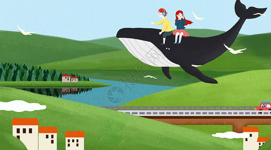 骑海豚的女孩梦幻鲸鱼旅游插画