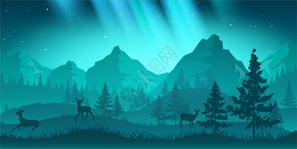 梦幻划艇日落森林里的小鹿插画
