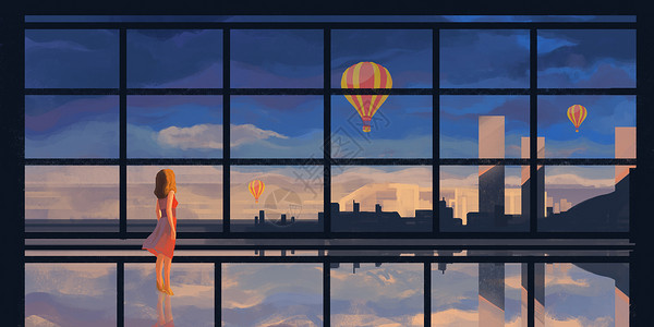 大落地窗城市热气球场景插画插画