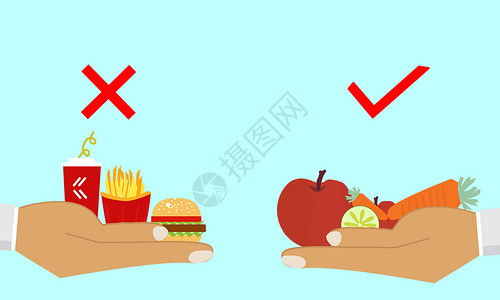 蔬菜健康健康食物与垃圾食物对比插画