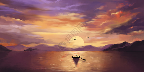 黄昏山景夕阳下的孤舟插画