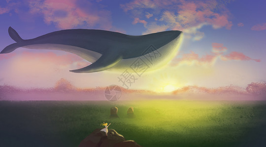 日落森林梦中的鲸鱼插画