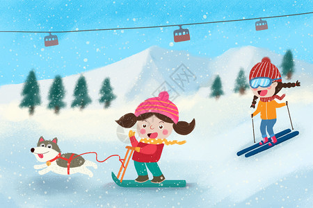 冬天滑雪的女孩滑雪插画