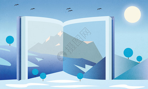 手绘打开的书书本中的冬日风景插画