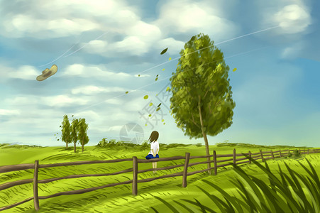 草地和篱笆草原上的女孩插画