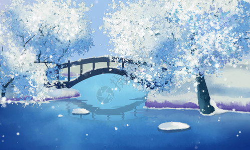 冬季湖水古风唯美雪景图插画