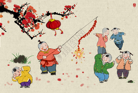 春节放鞭炮爆竹声中辞旧岁插画