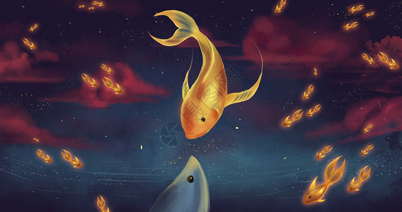 金鱼与鲸插画背景图片