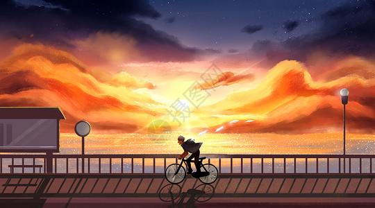 单车停放夕阳下的单车少年插画