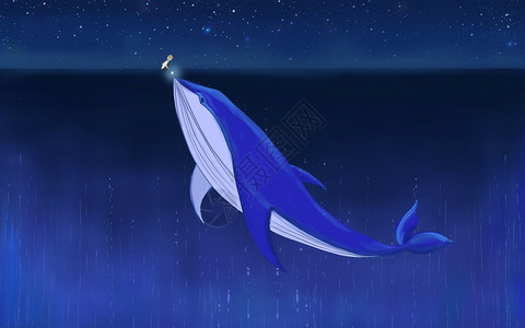 蓝色水泡鲸鱼和小孩插画