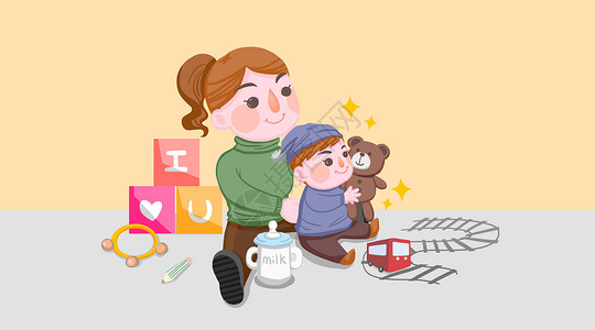 抱熊妈妈陪伴孩子人物插画插画