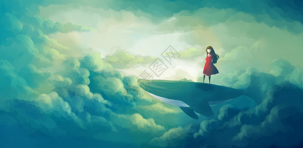 不会飞的站在鲸背上的女孩插画