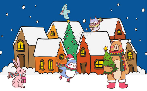 圣诞积雪房屋卡通动物圣诞节插画