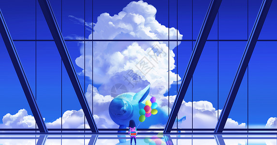 高楼玻璃唯美天空海豚插画插画