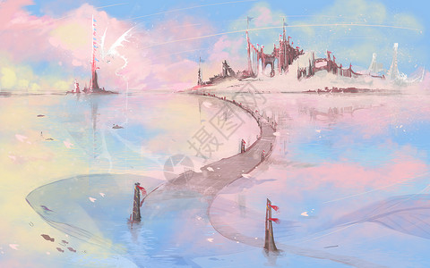 梦幻沙漠之水魔幻城堡水上公路插画