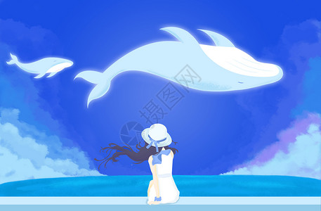 海蓝背景看风景的女孩梦幻鲸鱼插画