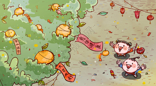 亚洲小孩2018年春节喜庆许愿树人物插画插画