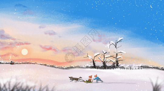 狗雪橇冬日夕阳插画