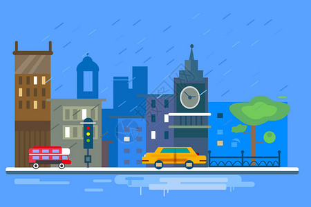 雨汽车城市风景插画