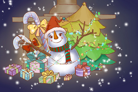 树彩灯温馨圣诞节插画