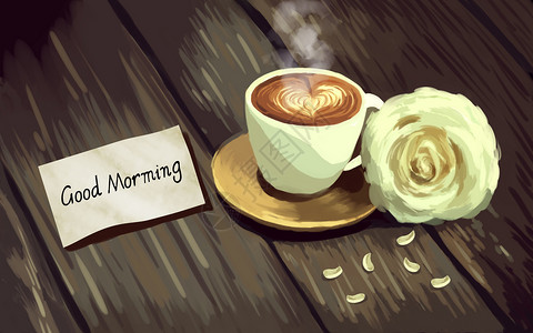 小清新书桌早安咖啡玫瑰插画