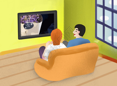 手绘男人和女人在家看电视的人插画