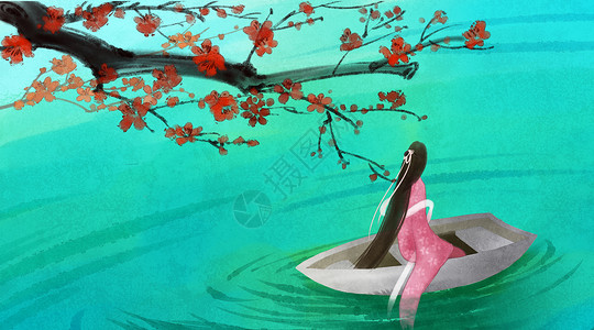 蓝色湖中国风背景插画