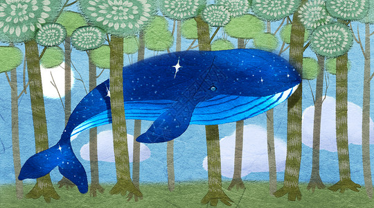 童书版式森林中的鲸鱼插画