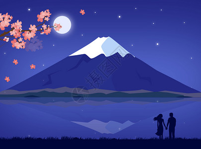 夜晚樱花富士山樱花树下的爱情插画