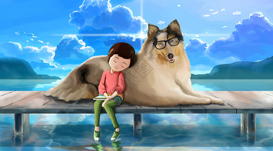 曾水海边自拍照女孩与狗插画