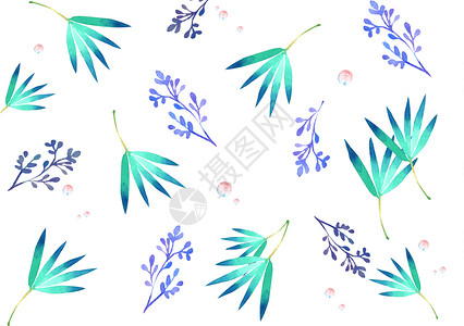 蓝色茎叶花小清新水彩手绘树叶背景设计图片