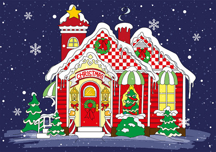 飘雪的圣诞夜圣诞小屋插画