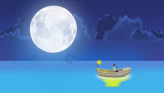 鲸鱼与少年插画黑夜与明月设计图片
