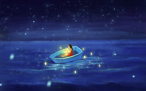 蓝色星辰梦幻海洋中的小女孩插画