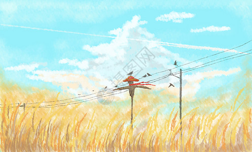 手绘电线杆天空下的稻草人插画