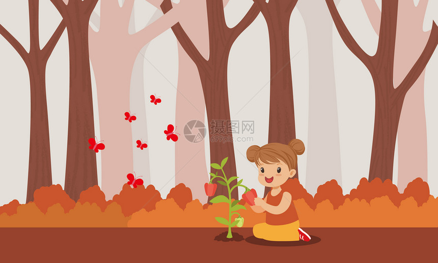 女孩与森林 治愈插画图片
