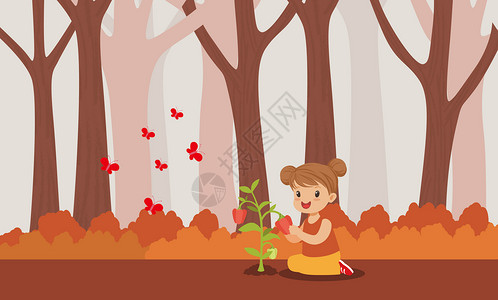 播种希望字体女孩与森林 治愈插画插画