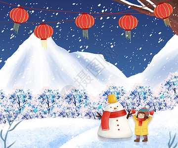 冬天堆雪人的女孩圣诞新年设计图片