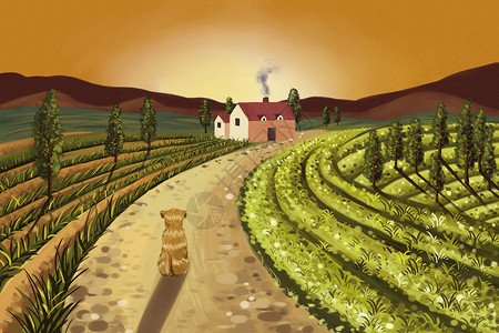 乡村家和铁路乡村田野孤独的小狗插画