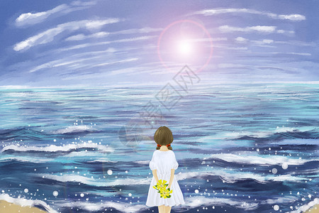 浪漫的天空浪漫海边女孩的背影插画