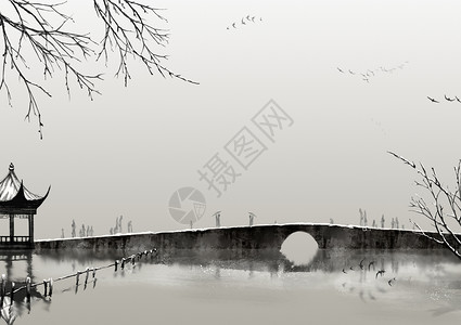 雪景水墨断桥残雪插画
