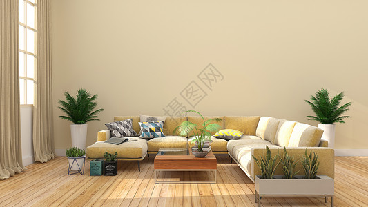 黄色木质沙发简约清新现代家居背景设计图片