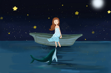 海豚尾巴海上小女孩插画