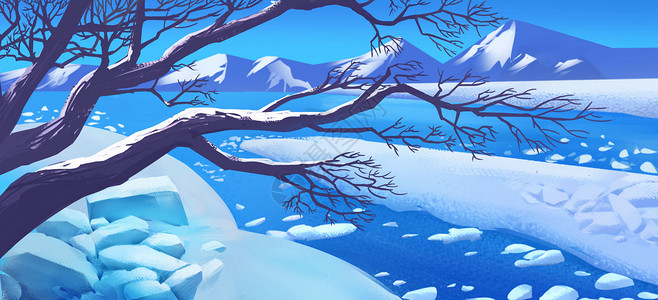 河面结冰唯美冰河雪景插画