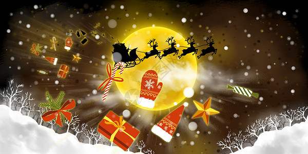 欢乐圣诞夜圣诞树马车高清图片